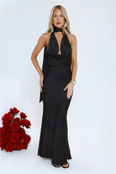 VIP Energy Satin Halter Maxi Dress Black