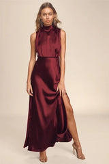 Classic Elegance Wine Satin Maxi Dress