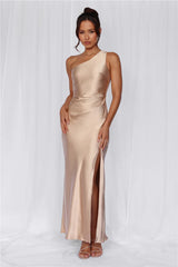 The Aurora One Shoulder Satin Maxi Dress Champagne