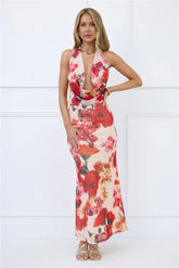 Viral Vibes Mesh Halter Maxi Dress Beige