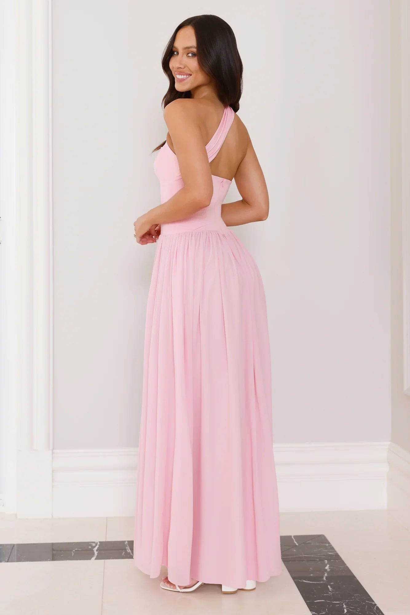 Sunset Waves One Shoulder Maxi Dress Pink