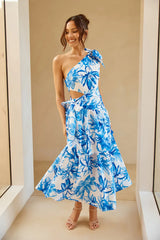 Vibrance Lover One Shoulder Midi Dress Blue