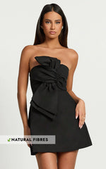 Chika Mini Dress Linen Strapless Front Bow Dress in Black