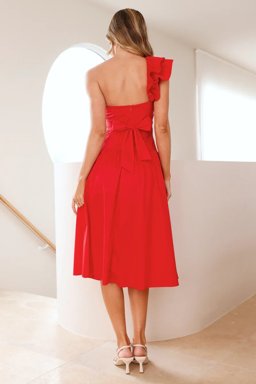 Vibrant Rendezvous One Shoulder Midi Dress Red