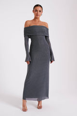 Marcel Off Shoulder Diamante Maxi Dress - Gunmetal/Chocolate