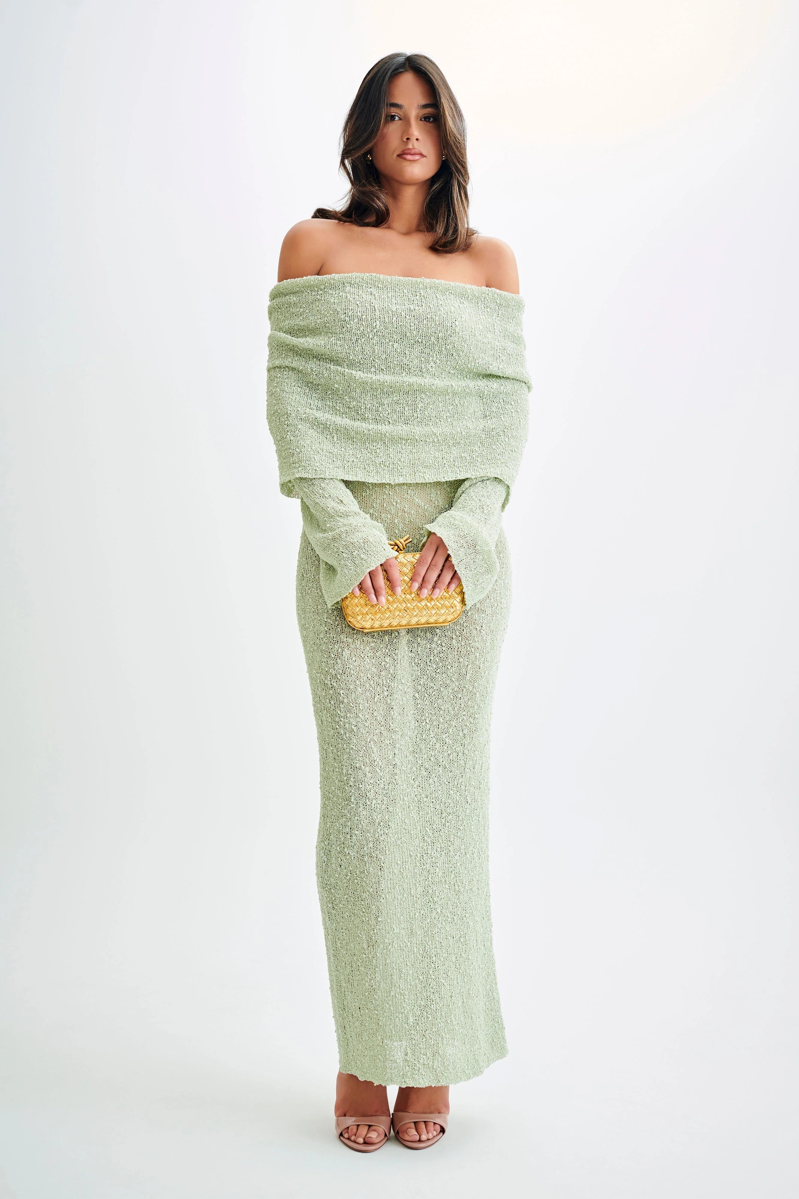 Marisol Off Shoulder Boucle Maxi Dress - Pastel Green