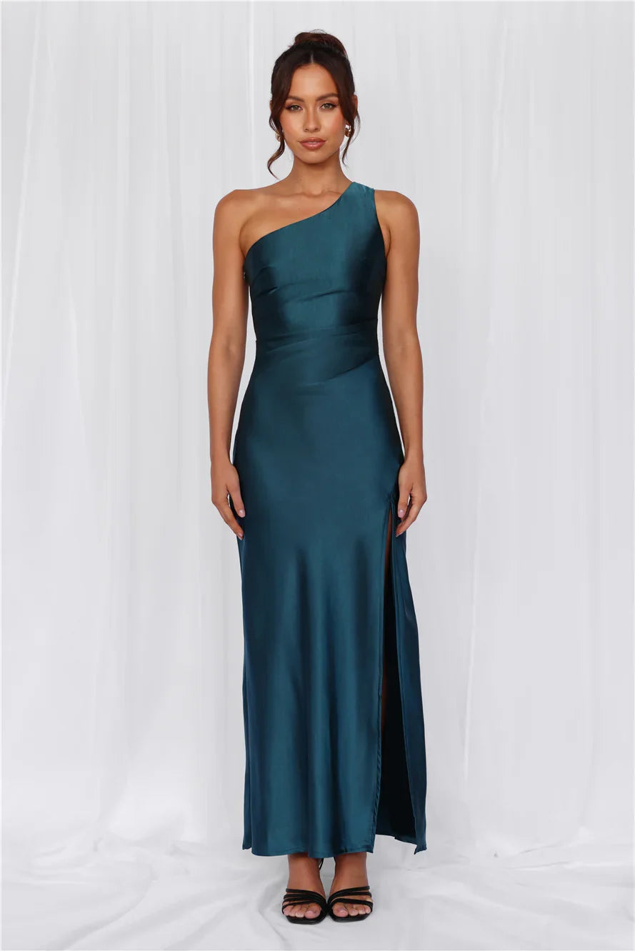 The Aurora One Shoulder Satin Maxi Dress Teal