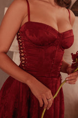Wine Jacquard Satin Draped Mini Dress